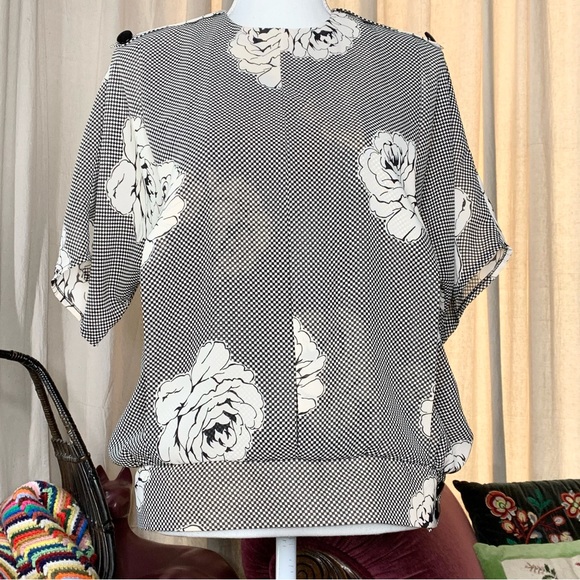 80s Checkerboard Floral Blouse - Picture 1 of 8